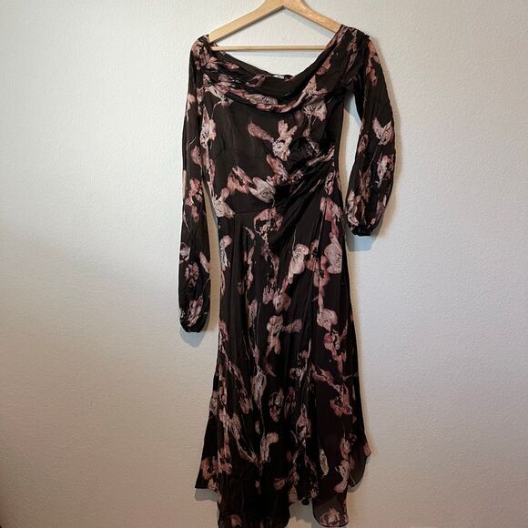 Amur Brown Floral Lorraine Off The One Shoulder Silk Midi Dress Women's Size 6 - Picture 2 of 8